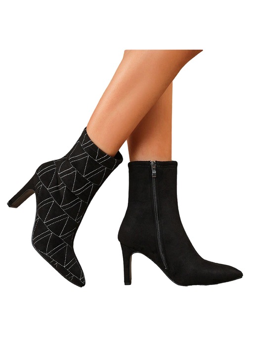 Botine dama, cu toc stiletto, piele intoarsa, negru, fermoar lateral, elegante