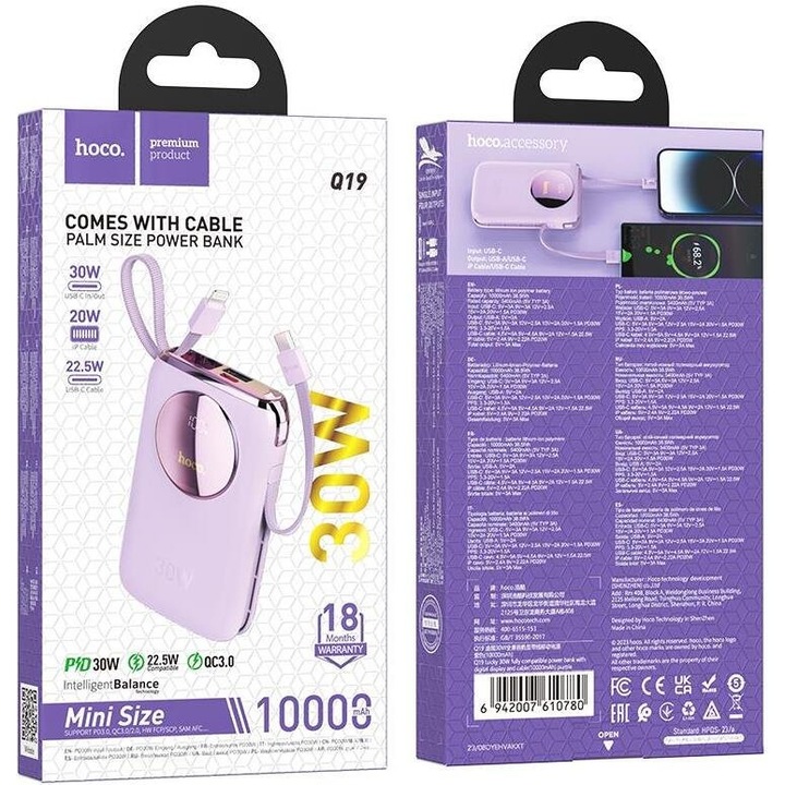 Power bank Hoco Q19 10000mAh 30W alb 109x77x22mm