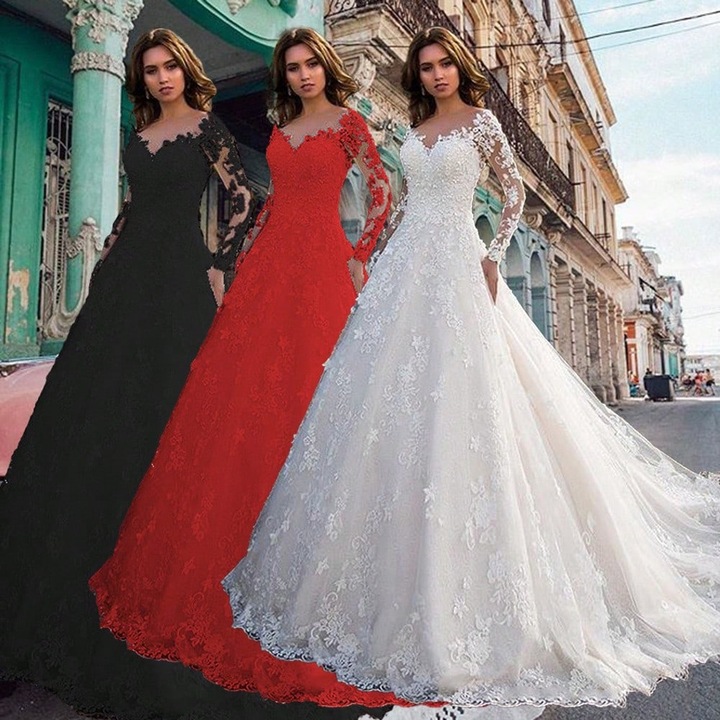 Rochie de mireasa, dantela, maneca lunga, umar gol, alba, XL