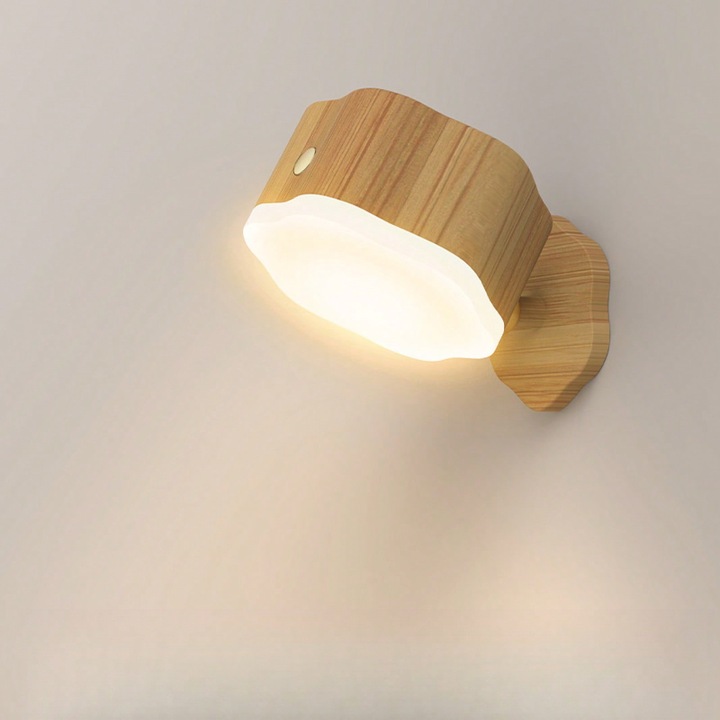 Veioza rotativa cu lampa de machiaj, lumina calda 3W, lemn, mica, incarcabila