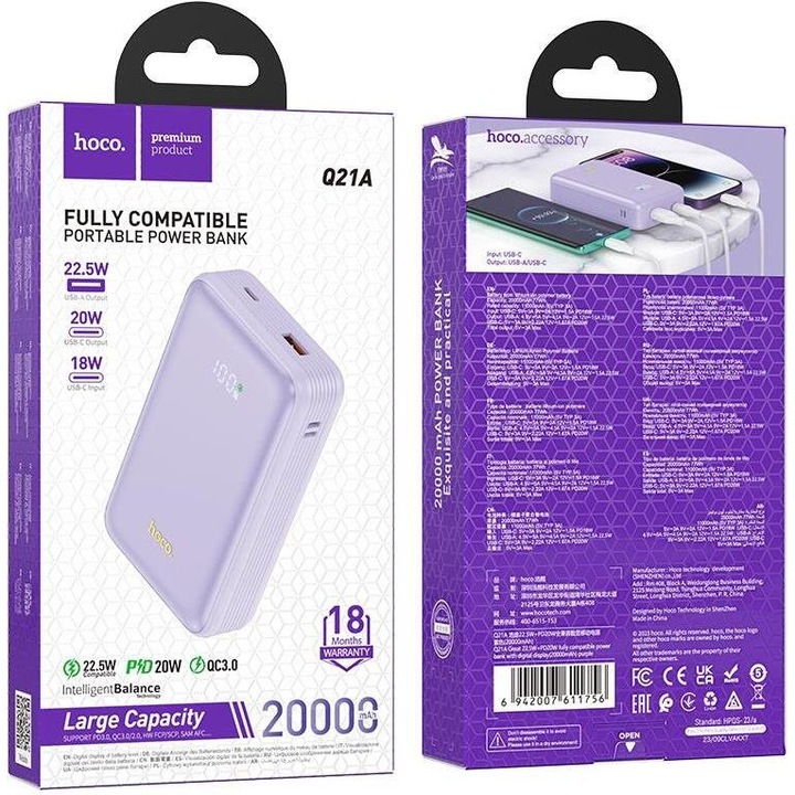 Power bank Hoco Q21A 20000mAh 22.5W alb 11x7.2x3cm