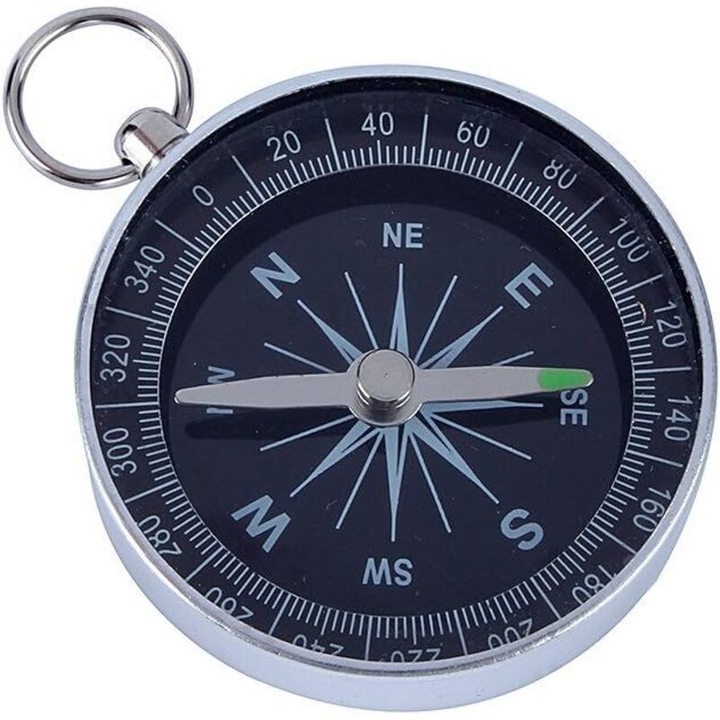 Busola de buzunar K0472-0610-XL3226, carcasa din aluminiu 44 mm, bezel rotativ 360°, precizie ridicata, rezistenta la apa, argintiu/negru