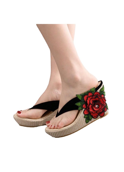 Sandale dama, Negru/Rosu, Floral
