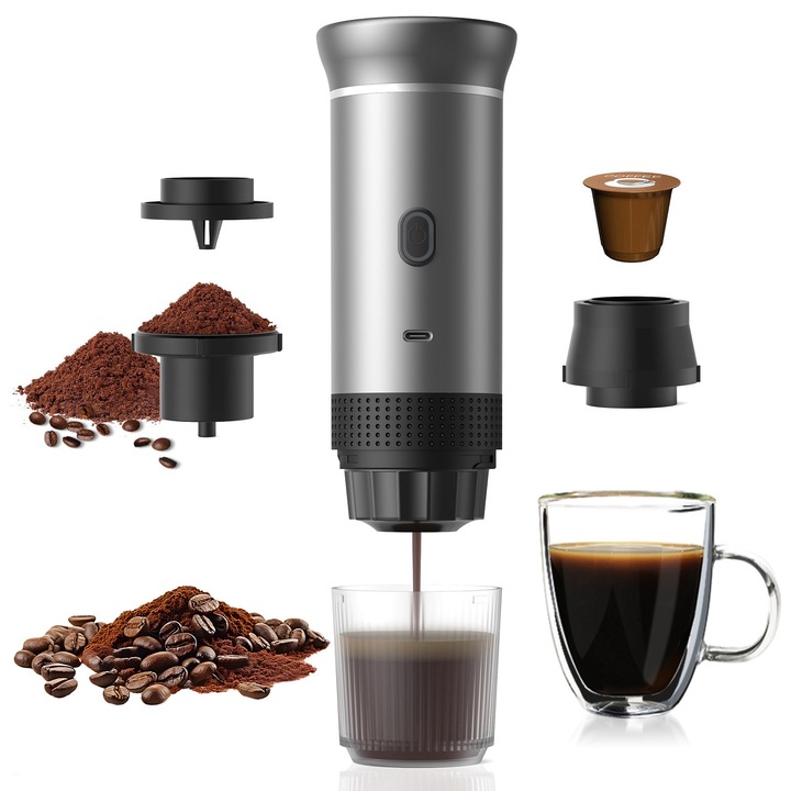 Espressor portabil, Bedee, 72W, Aparat de cafea macinata sau capsule, 20 Bar, Rezervor de apa de 60 ML, Puteti adauga apa rece sau calda, Incarcare USB Tip C, Baterie de 7500 mAh, Gri