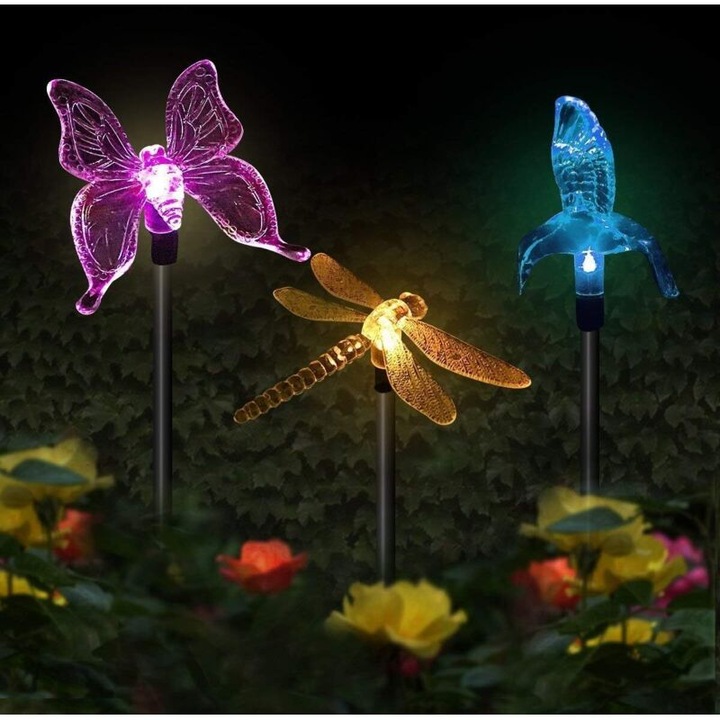Set 3 lampi solare gradina fluture libelula colibri multicolor 30x5x5cm