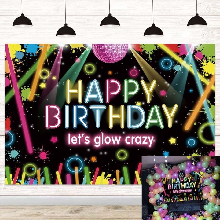 Fundal foto petrecere Neon Happy Birthday, vinil, 210x150cm