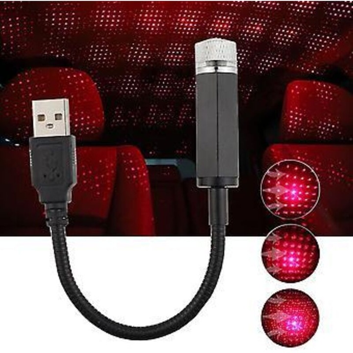 Proiector LED plafon auto, lampa rosie, USB, aluminiu, 5V 1W