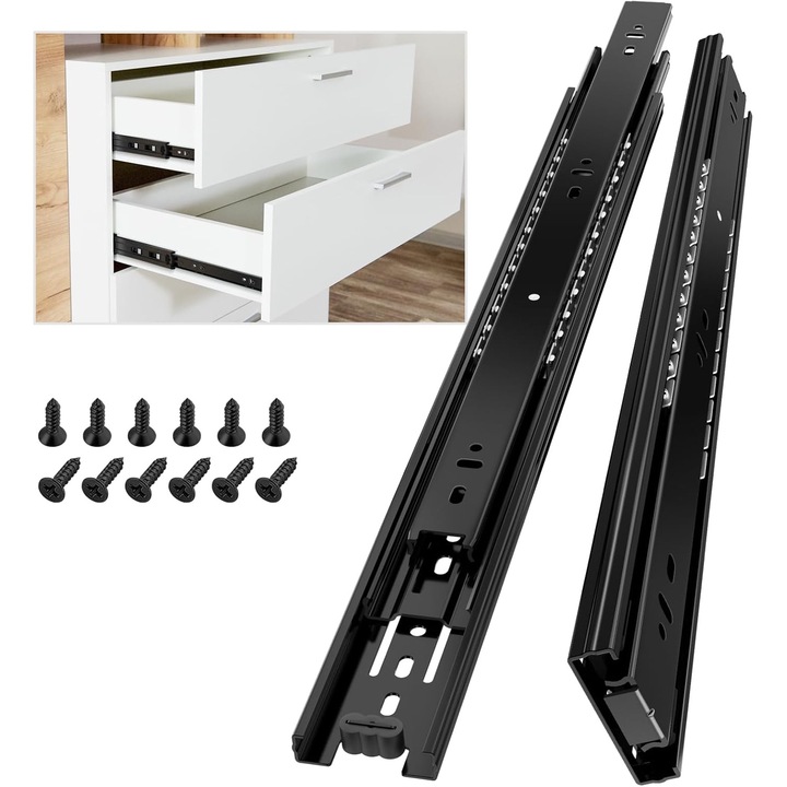Glisiera sertar 400 mm, glisiera laterala pentru sertar, sina culisanta, glisiera cu rulment cu bile cu extensie completa pentru dulap, neagra, 1 pereche (2 bucati)