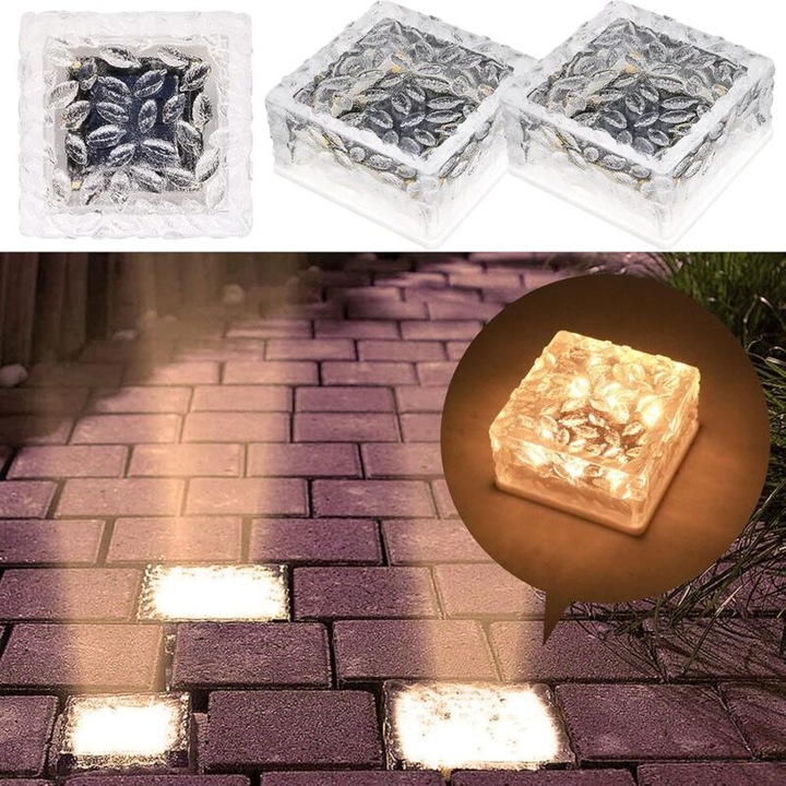 Set 2 lumini solare LED din sticla, 6 LED-uri, alb cald, 10.5x10.5x5.5cm
