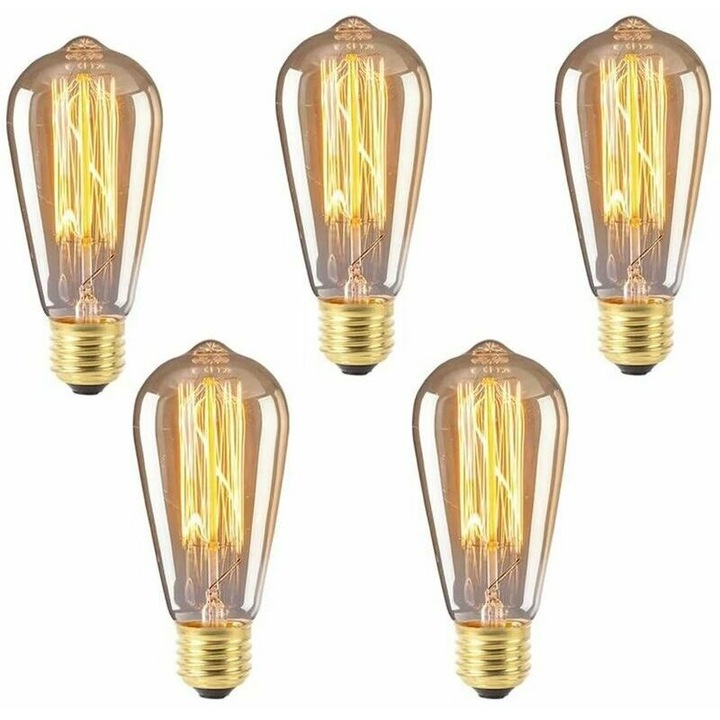 Bec E27 ST64 40W alb cald 2200K, AC 220V, bec incandescent retro, lampa cu filament E27 vintage pentru iluminat decorativ, pachet de 5