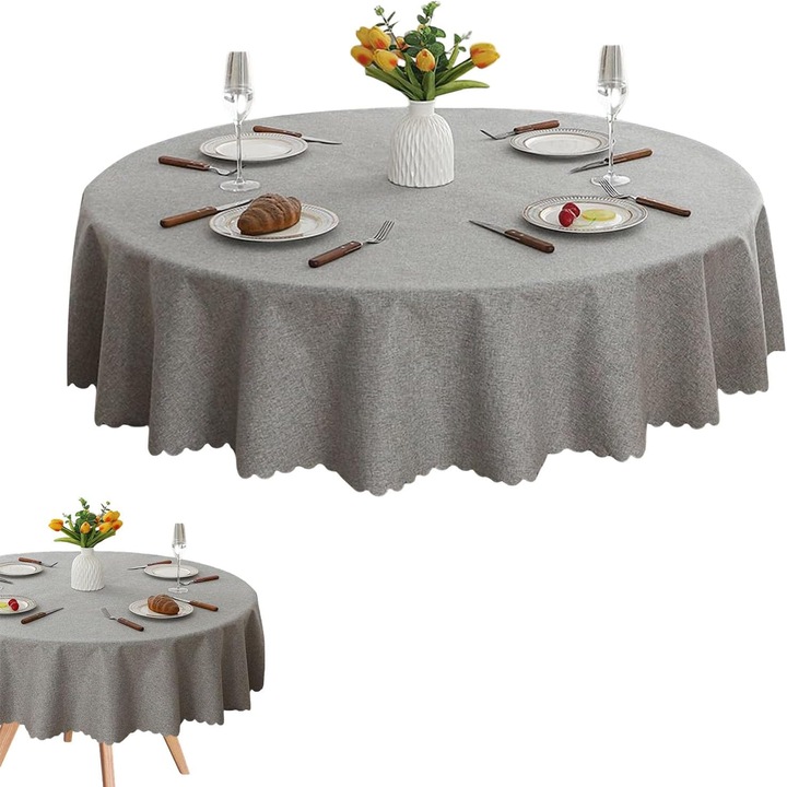 Kerek asztalterítő, átmérő 120 cm, pamut és lenvászon kerek asztalterítő, modern mosható asztalterítő, nappaliba, kertbe, piknikre, otthonra (világosszürke)