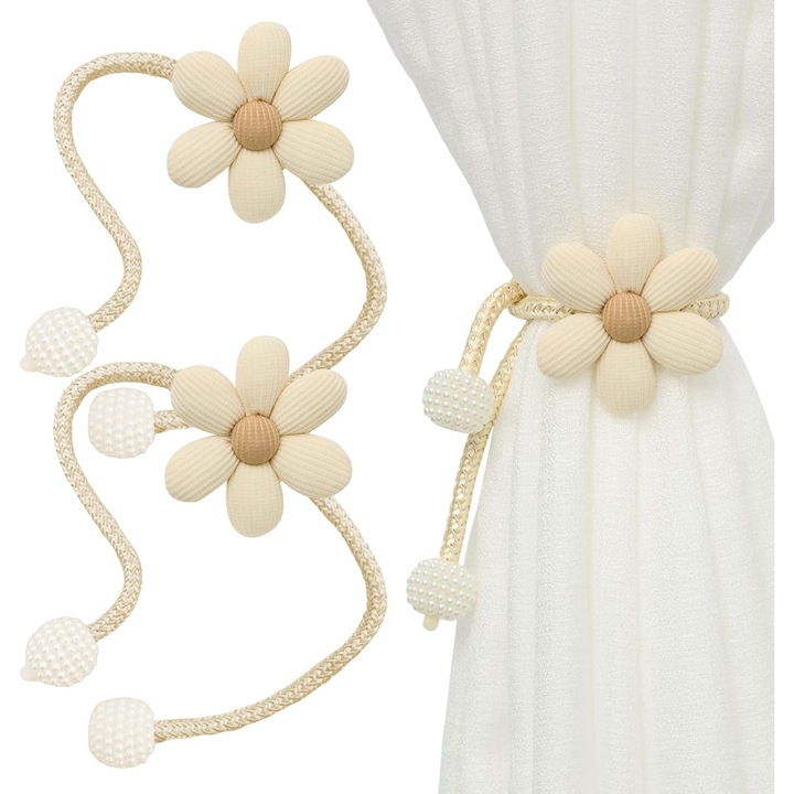 2 bucati de legaturi pentru perdele fara gaurire, legaturi bej pentru perdele, legaturi in forma de floare pentru decorarea ferestrelor de acasa, birou, hotel (bucla cu margele)