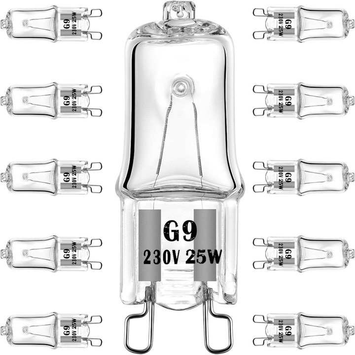 Bec halogen G9 25W 230V, becuri de schimb cu soclu cu 2 pini, reglabil, alb cald (pachet de 10) [Clasa energetica C]