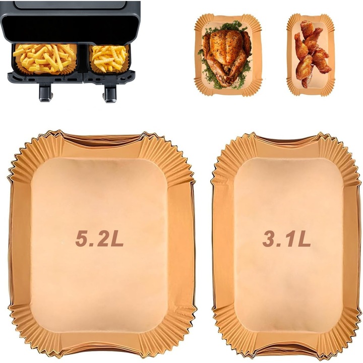 Hartie de copt pentru friteuza cu aer, 100 buc, 5.2L si 3.1L, alb