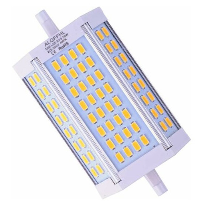 Bec LED R7S 118mm, reglabil, 30W, proiectoare LED liniare cu doua capete, tip J (echivalent halogen T3 200W 300W), 3000LM 4000K, aplice/lumini de perete/podea (alb natural)