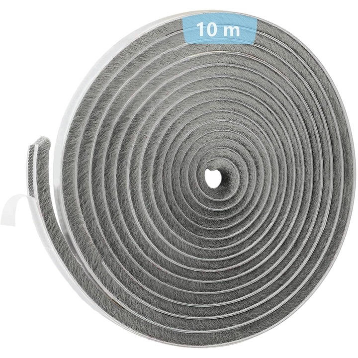 Garnitura perie usa, 10 m (L) x 9 mm (l) x 9 mm (A), Gri, Garnitura fereastra pentru usi izolate fonic, Garnitura perie adeziva, Garnitura perie usa glisanta, Garnitura perie plasa tantari