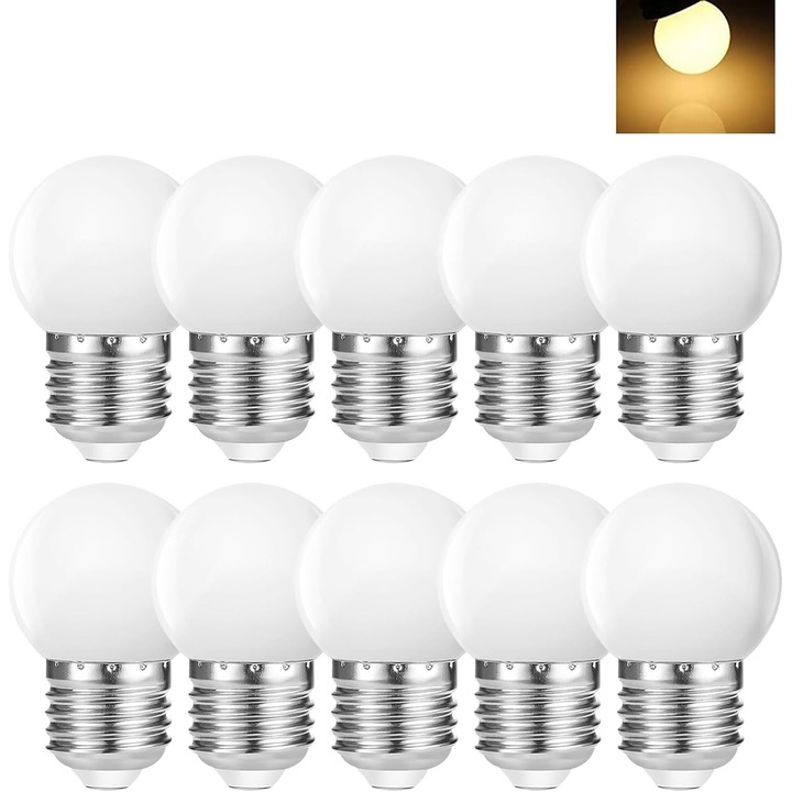 10 becuri LED glob cu soclu E27 de 1W, inlocuire pentru bec de 5W, pentru decorarea petrecerilor de sarbatori, alb cald 2700K, 50 lm, AC220V [Clasa energetica G]