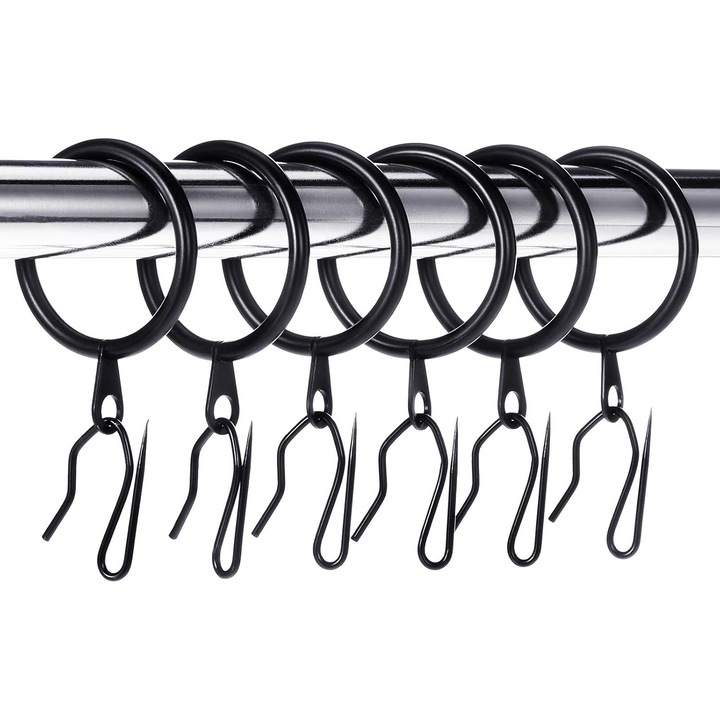 30 de inele metalice de agatare si 30 de carlige cu ace pentru perdele de fereastra, diametru interior 30 mm (negru)