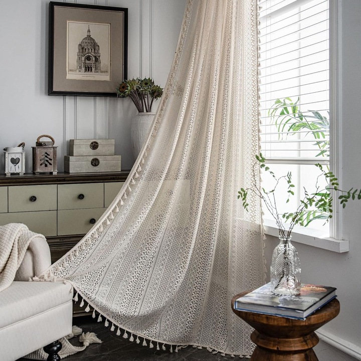 Perdea rustica crosetata din bumbac – Perdea vintage eleganta cu buzunar pentru tija – Perdele din dantela macrame pentru bucatarie, sufragerie, living, 150 x 221 cm (l x l)