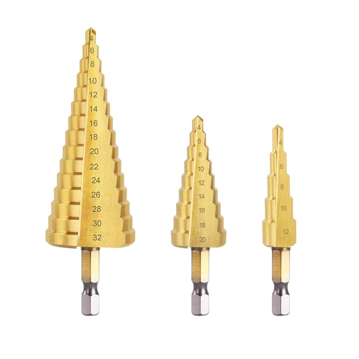 Set 3 burghie in trepte pentru metal, set burghie in trepte 4-12/20/32 mm, burghiu conic triunghiular HSS din titan, burghiu in trepte cu tija hexagonala pentru surubelnita pe metal, otel, lemn, alama, aluminiu, plastic