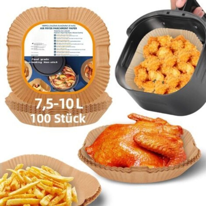 100 bucati hartie de copt pentru friteuza cu aer 23 x 23 cm, hartie patrata mai groasa pentru friteuza cu aer, 7, 5-10 l, hartie pergament, compatibila cu Russell Hobbs, Cecotec, Princess XXL Air