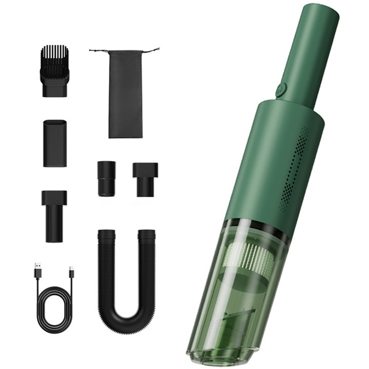 Aspirator de mana fara fir, Rqiurpn, 9000Pa, Motor de 50000 RPM, 2000mAh, Autonomie de 11 minute, greutate redusa de 425 g, cu diverse duze pentru masina, casa si par de animale de companie