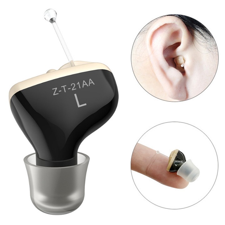 Aparat auditiv pentru urechea stanga, Omelivon, Volum reglabil 125dB, Cu o baterie A10, Pentru o autonomie de 5-7 zile, Amplificator sunet intraauricular, Hipoacuzie Medie-Severa, Negru