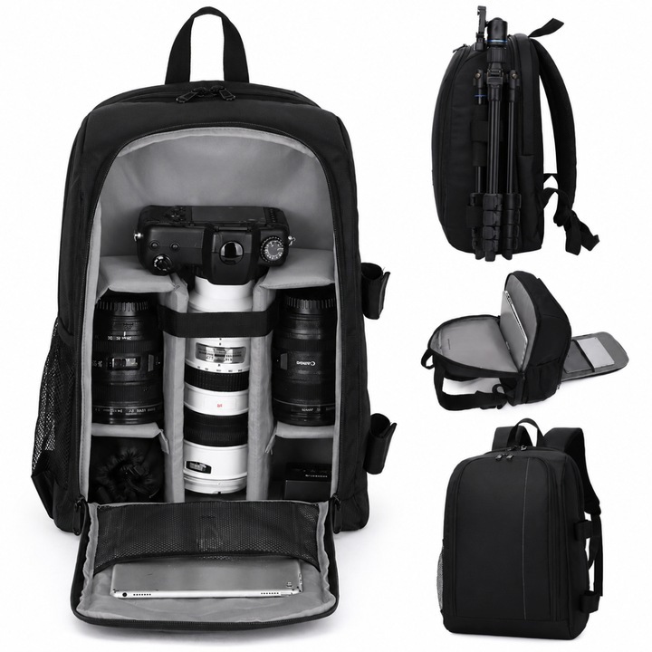 Rucsac camera Foto, VisionHub®, Geanta pentru Camere Profesionale DSLR - Mirrorless, Camera Sport, Drona, Suport Trepied, obiective si accesorii, Laptop, Husa impermeabila, 30cm x 45cm, Negru Gri