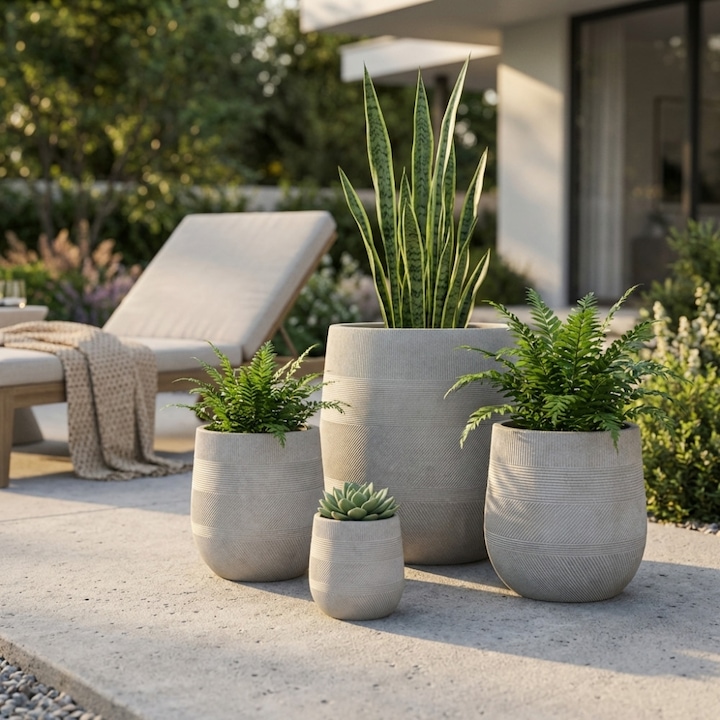 Set 4 Ghivece Decorative Peonia din Fibra Sintetica, Taupe, pentru Interior & Exterior, Design Modern Dimensiuni ghivece Mare: 57 x 57 x 57 cm Mediu: 43.5 x 43.5 x 43.5 cm Mic: 31.5 x 31.5 x 31.5 cm Extra Small: 20.5 x 20.5 x 20.5 cm