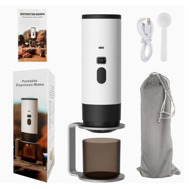 Aparat de cafea portabil 2 in 1, compatibil cu cafea macinata sau capsule, 15 bari, baterie de 7800 mAh, functie de incalzire integrata, compatibil cu incarcarea rapida in masina, culoare alba