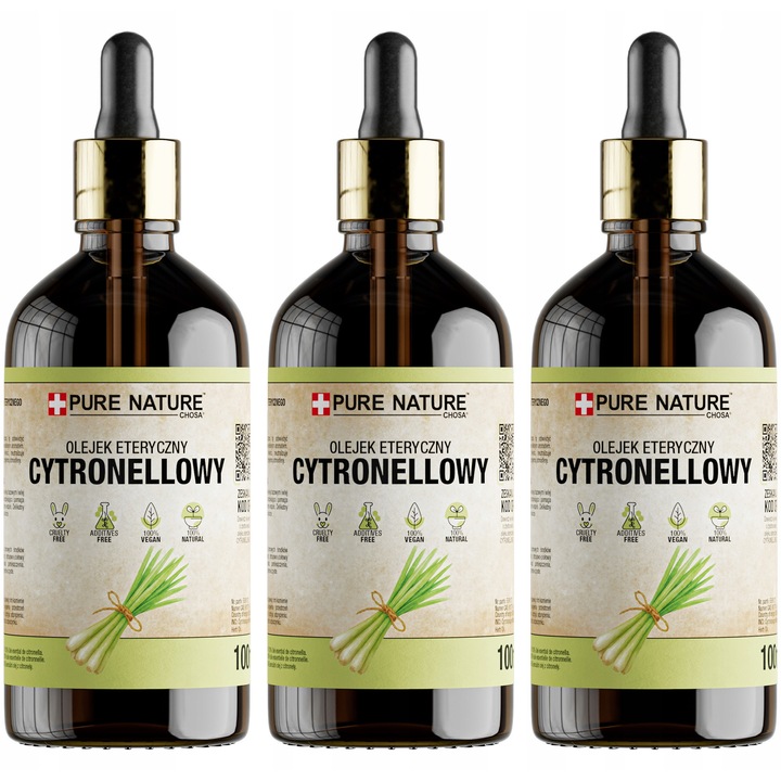Citronella illóolaj szett, Chosa, Pure Nature, 3 x 100 ml, 100% tiszta, természetes, rovarriasztó, aromaterápia, relaxáció