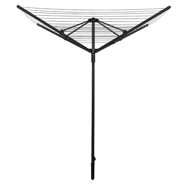 Uscator de rufe pentru gradina DacEnergy©, rotativ tip umbrela, 4 brate, 45 m sarma PVC, pliabil, fier cu acoperire anticoroziva, negru
