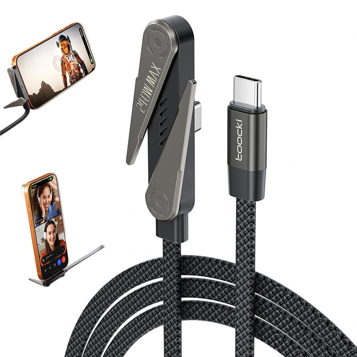 Cablu USB-C la USB-C Timebox, 240W PD Fast Charge, Cip E-Marker, Stand Pliabil Telefon, Nylon Impletit, Conectori Aliaj Zinc, 1.5m, Incarcare Rapida Laptop, Tableta, Telefon, Type-C Premium
