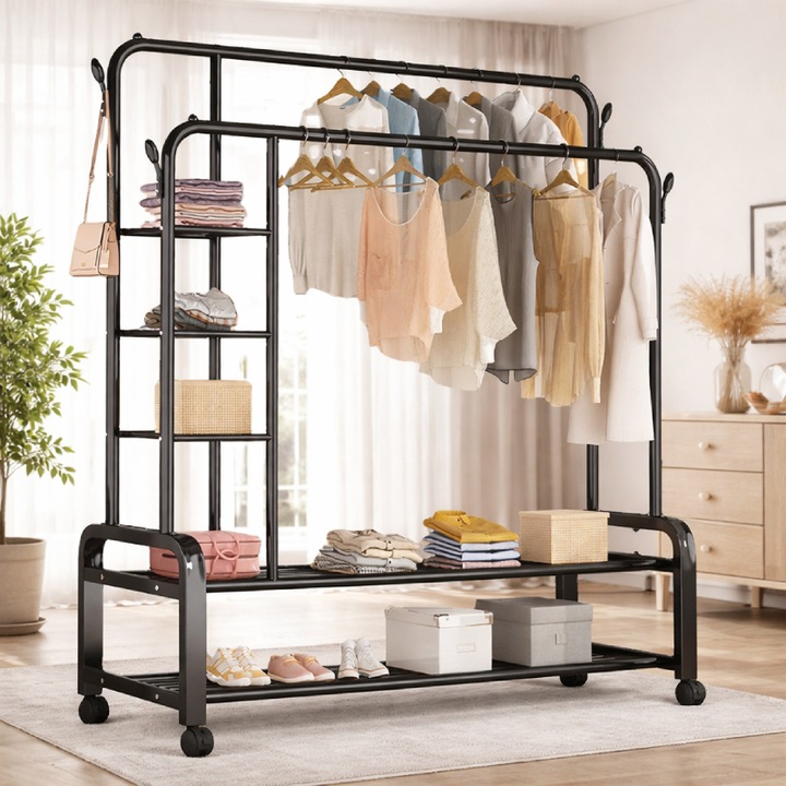 Suport metalic dublu pentru haine cu roti, Capacitate 58 kg, 2 bare umerase, 2 rafturi pantofi, 160x110x55 cm, Negru