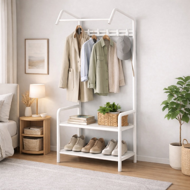 Raft pentru haine si pantofi 2 in 1, Suport metalic pliabil, Bara pentru umerase, Polita pantofi, 166x60x32 cm, Alb