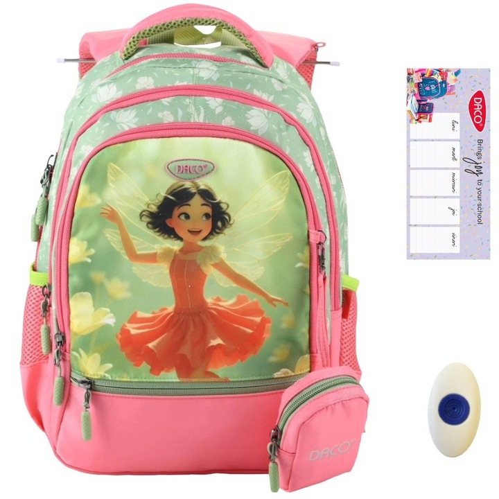 Pachet Ghiozdan fete clasa 0-2, Zana, Roz, Daco GH3024, orar + radiera cu grip FLR