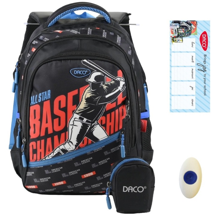 Pachet Ghiozdan baieti clasa 0-2, Baseball, Daco GH3520, orar + radiera cu grip FLR