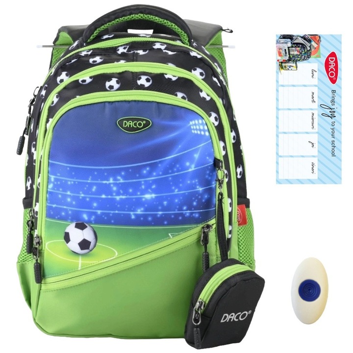 Pachet Ghiozdan baieti clasa 0-2, Fotbal, Daco GH3522, orar + radiera cu grip FLR