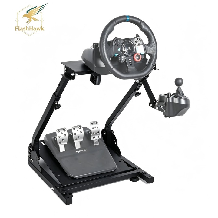 FlashHawk Стойка за симулатор на състезания Gaming, Стойка за волан Racing, Скоростен лост, Сгъваема за Cockpit, SimrRacing, стомана, регулируема, Черна