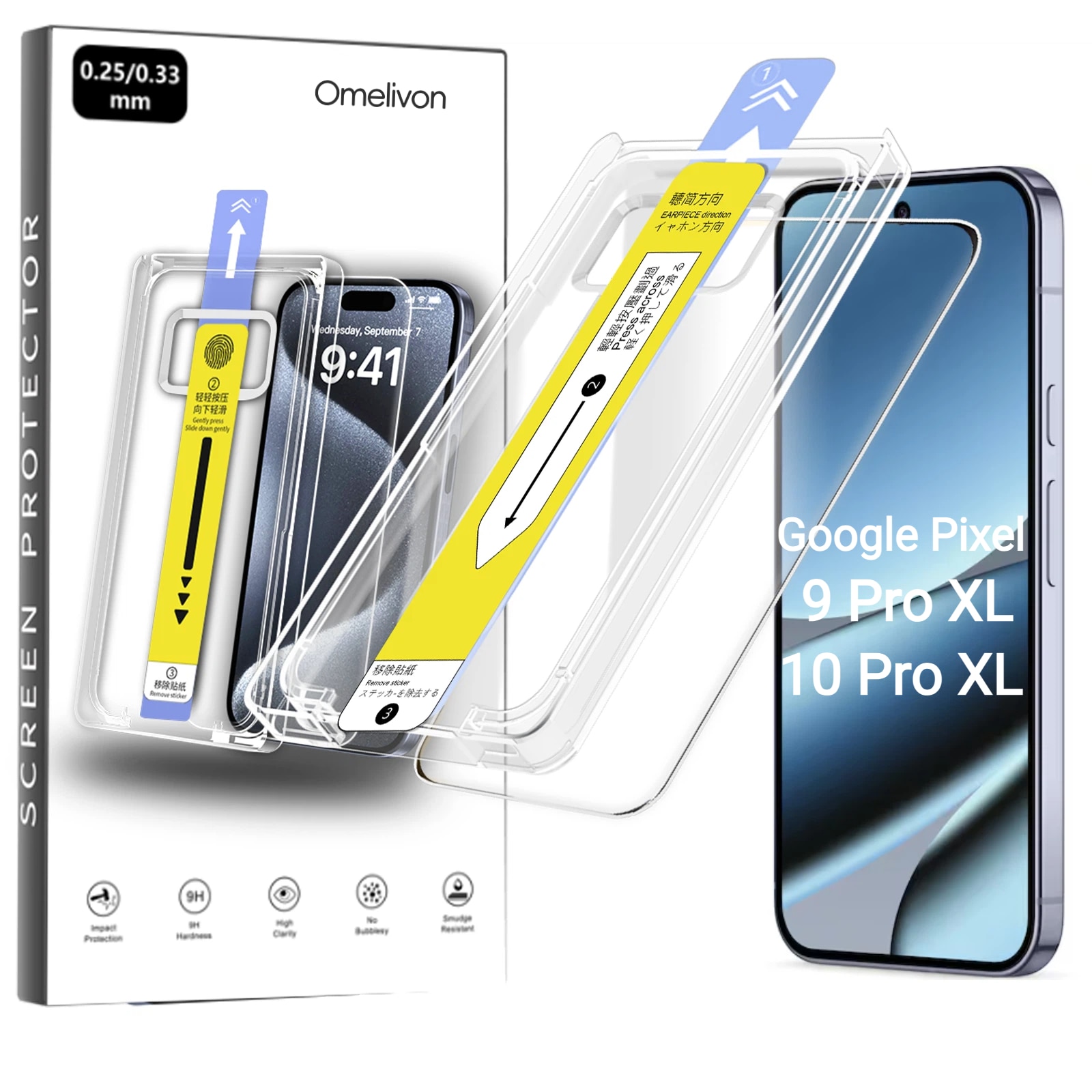 Folie de Protectie pentru Google Pixel 9 Pro XL / 10 Pro XL, Omelivon, Sticla Securizata, cu Kit de Aplicare Instanta si Functie Automata de Indepartare a Prafului, Duritate 9H+, Ultra HD, Anti Amprente
