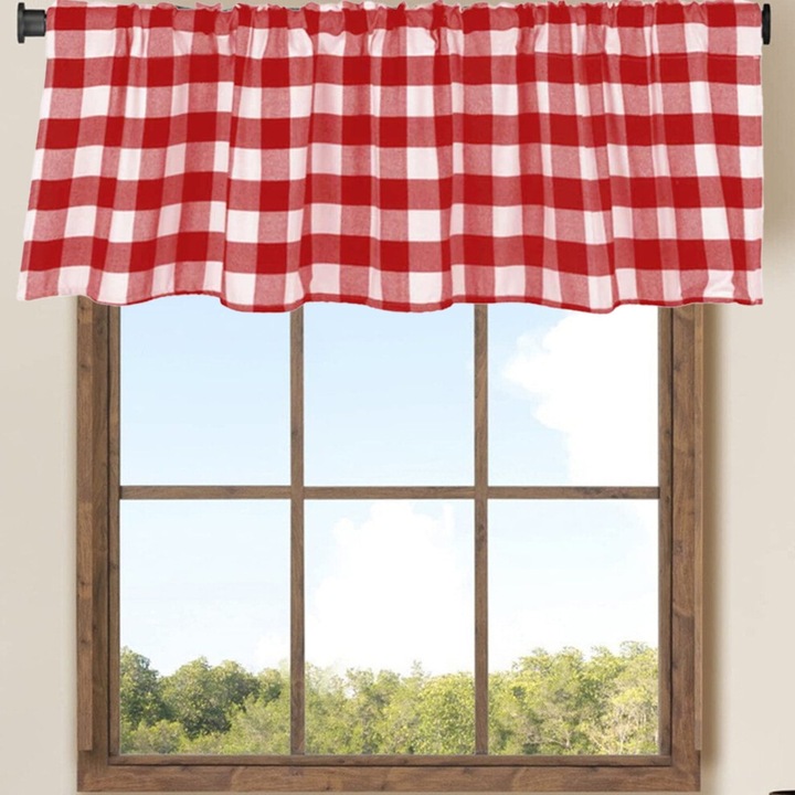 Valance függöny, piros-fehér-fekete kockás minta, poliészter, 140x39cm