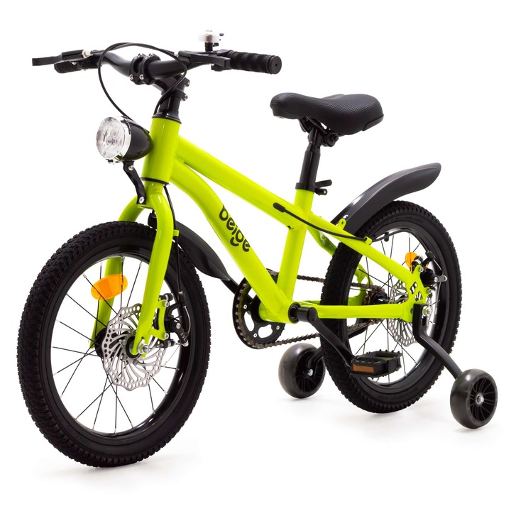 Bicicleta copii 4go 14 inch verde frane disc lumini roti laterale silicon