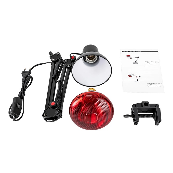 Lampa cu infrarosu, Lampa de terapie/incalzire E27, 360° Reglabila, Alimentare AC, Corp din fier, Negru