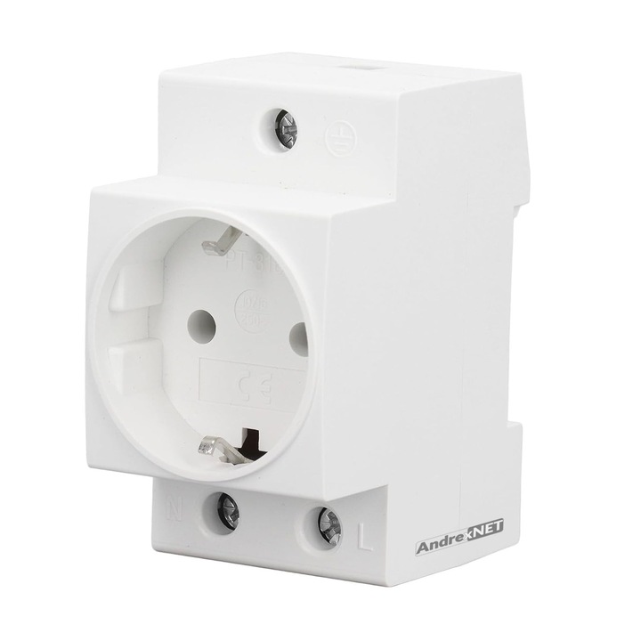 Priza schuko modulara AndrexNET PT316, cu prindere pe sina DIN, 250V 16A, alba