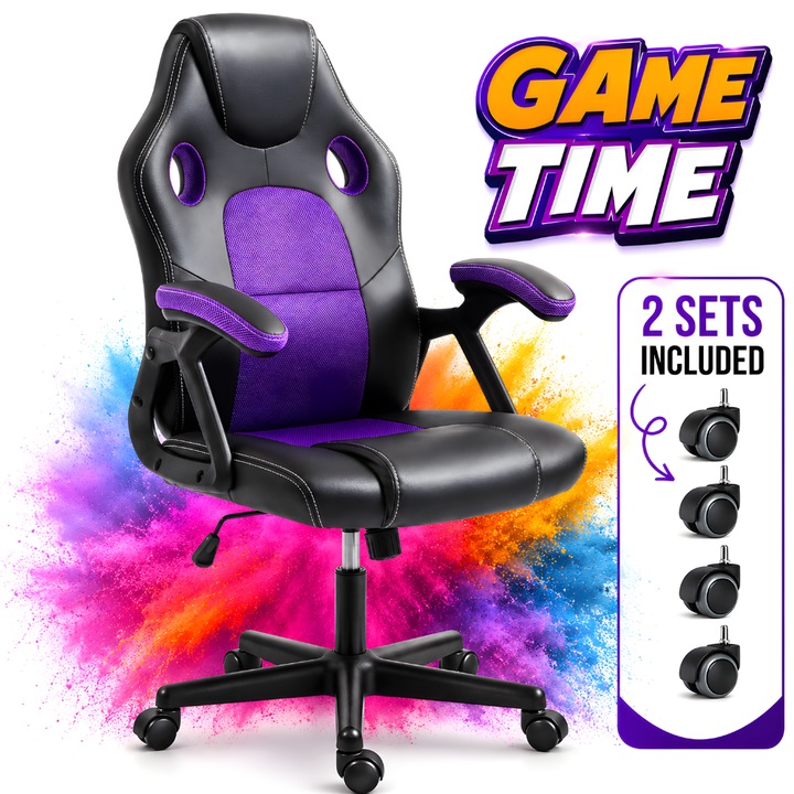KD Home® Prime Starter G Gaming Szék Gyerekeknek és Felnőtteknek, 2 Kerékszett Mellékelve, Műbőr, Akár 140 kg, Dönthető Mechanizmus, Fekete/Lila