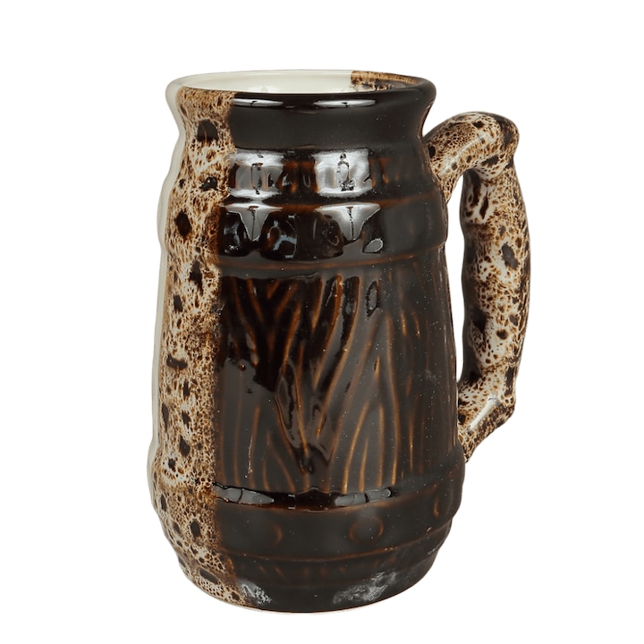 Halba de Bere din Ceramica Model Butoi, 750 ml, Glazura Maro cu Efect Stropit, Rustic/Vintage