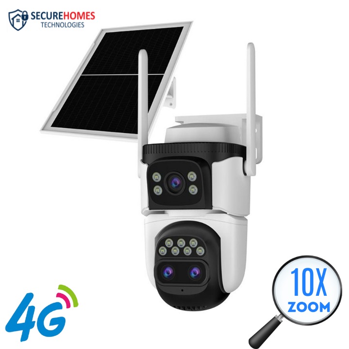 Camera Supraveghere Dubla SecureHomes cu ZOOM 10x, SIM 4G, Panou Solar 8W si baterie de 8000mAh