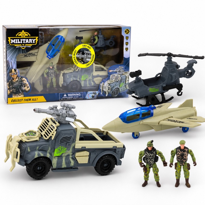 Set de joaca militar Angmad vehicul de lupta cu lumini si sunete, elicopter, avion si soldati, jucarie armata interactiva copii 3 ani+
