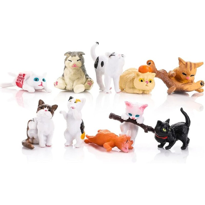 Set 10 figurine pisici mini, diverse posturi, multicolor, 3x5cm