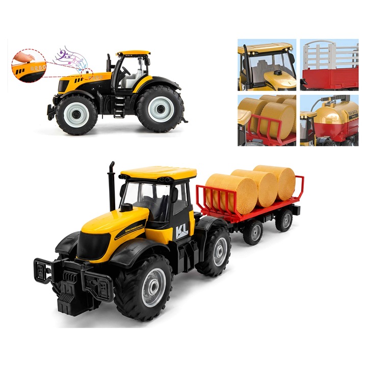 Tractor interactiv ANGMAD cu remorca basculabila, 43 cm, lumini si sunete, inertie, roti cauciuc, metal si plastic rezistent, galben multicolor, 3 ani+
